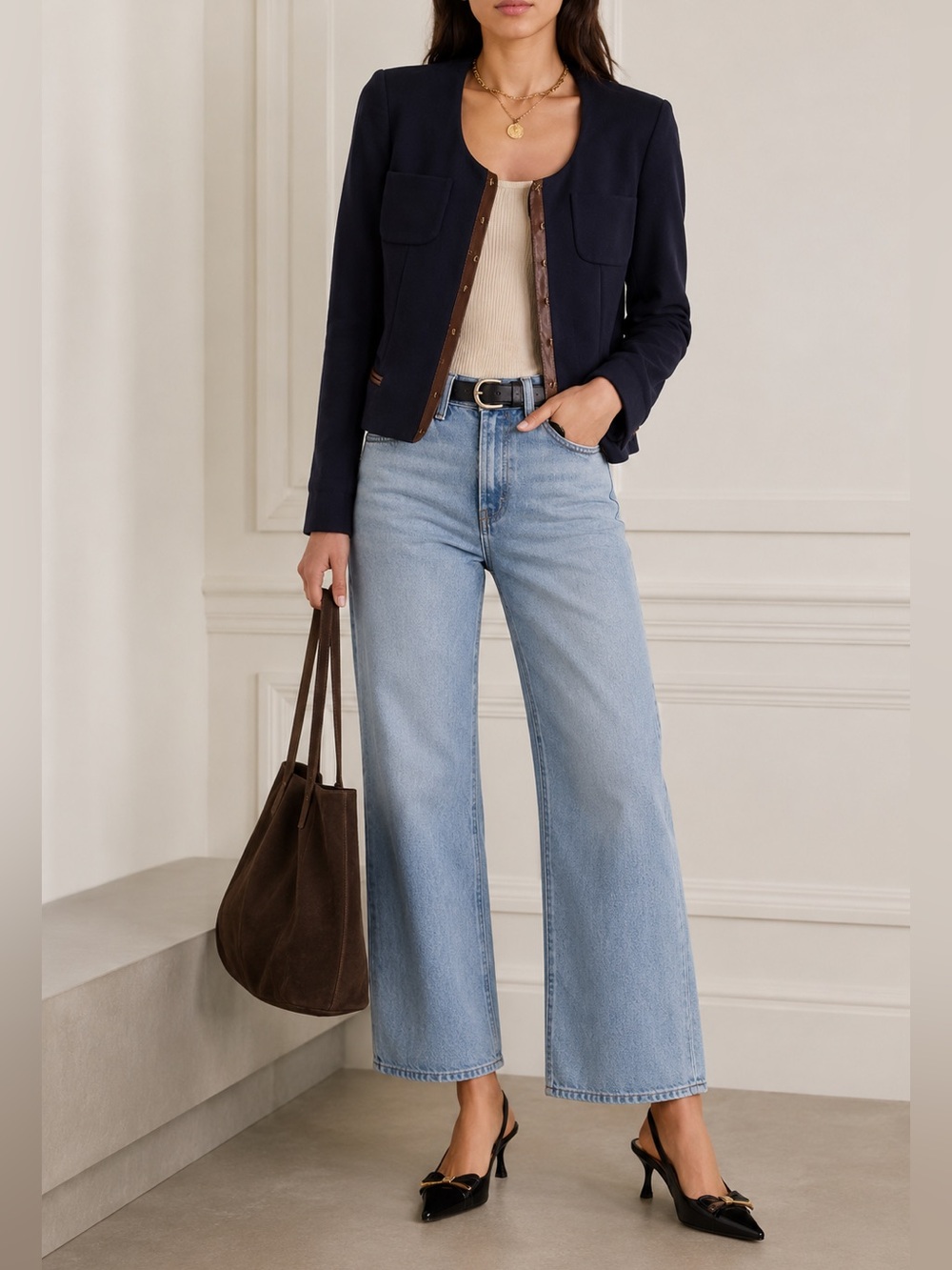 Les Copains Leather Trimmed Navy Blazer
